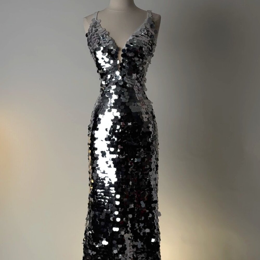 Brand New US 6 Jovani Maxi Evening Dress in Silver Color